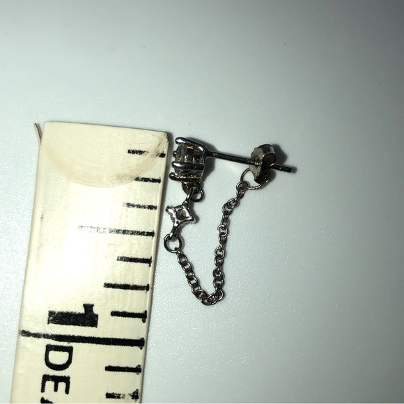 STERLING Silver & Cz Stones Stud Earrings w Chain Attached to Backing .7” - Picture 4 of 6
